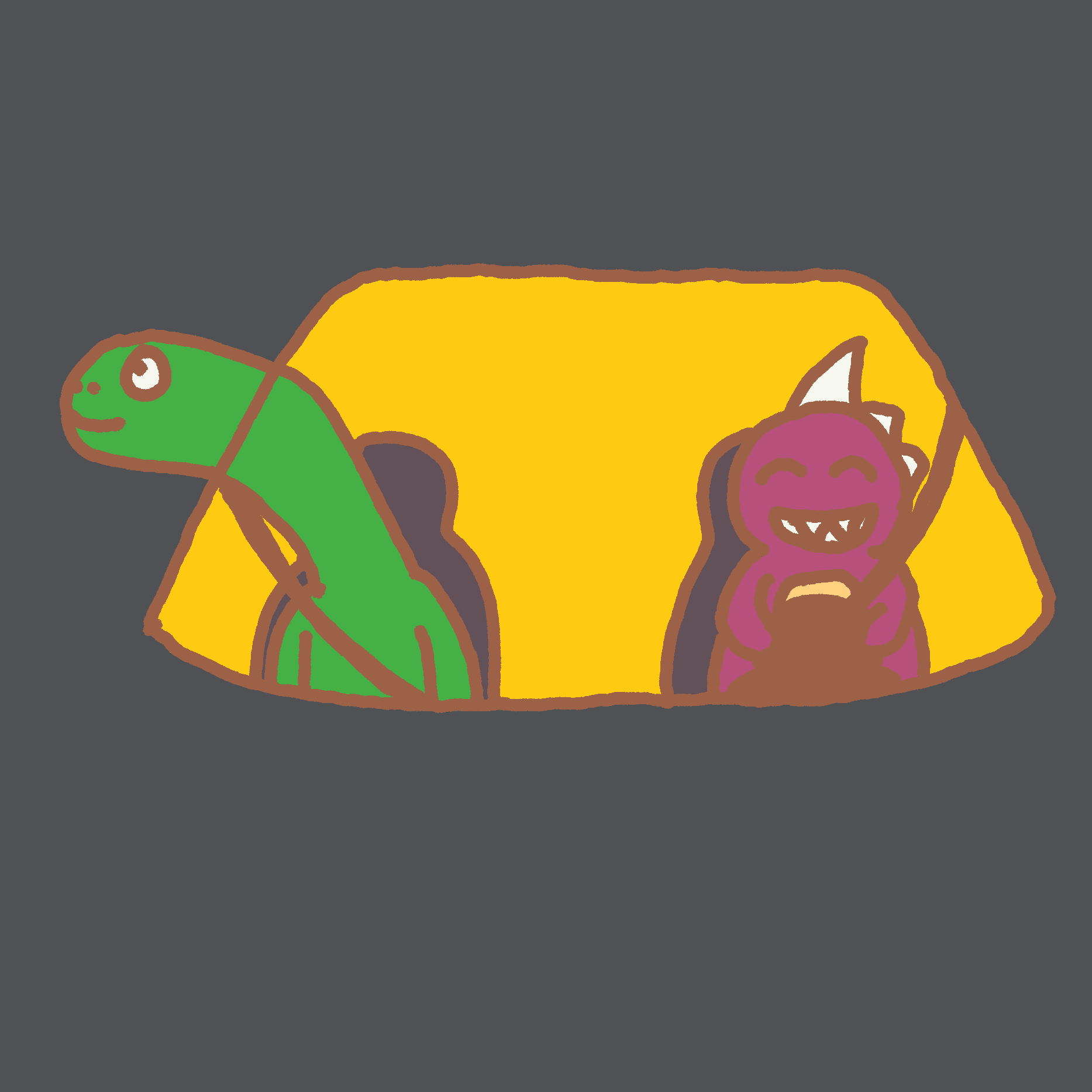Two dinosaur like creatures in a car on a road trip. The long necked one sticks it's head out the window in to a gray abyss